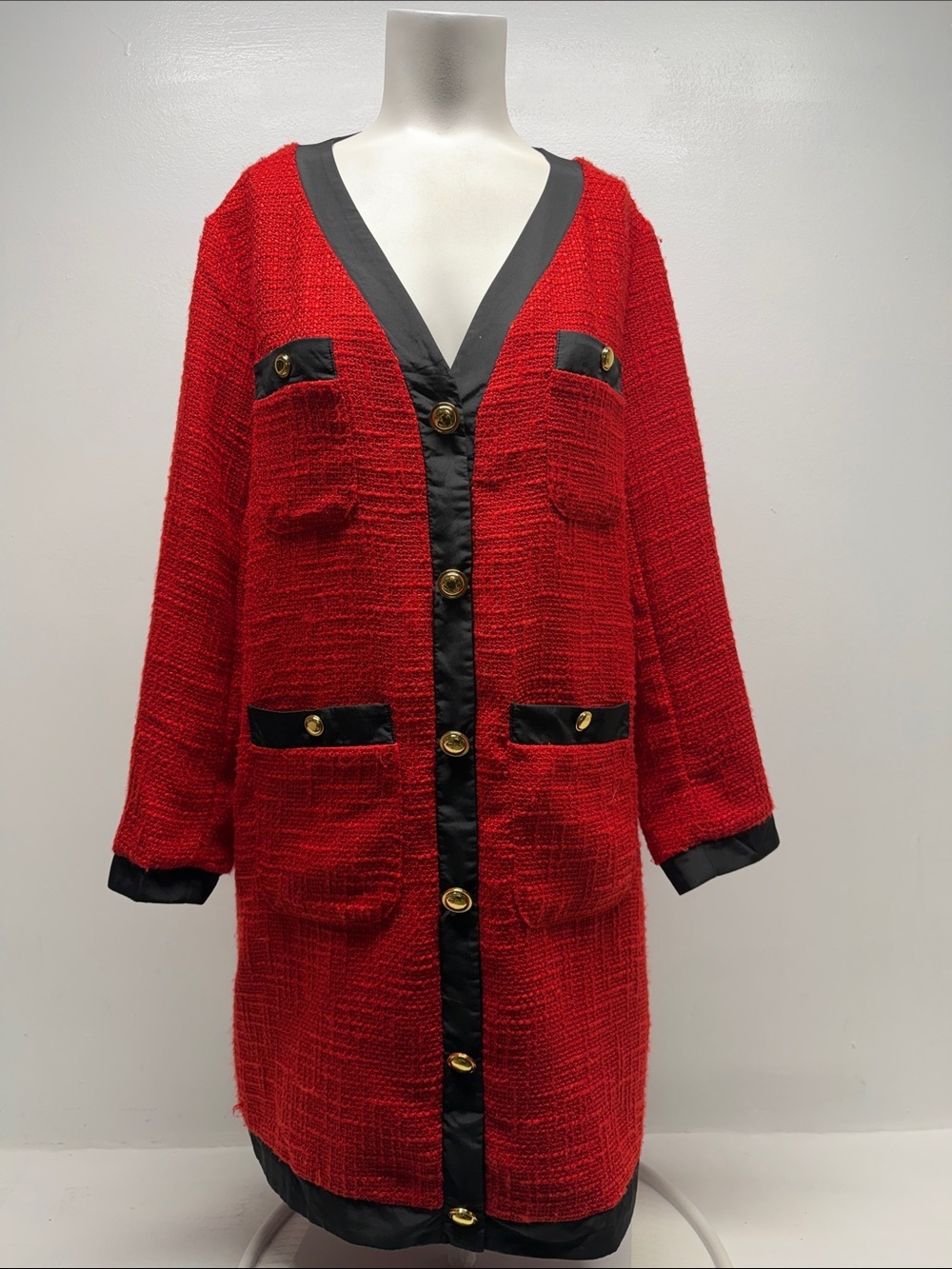 Pomander Place Cocrao Dress Mini Tweed V Neck Gold Button Down Knit Red Medium